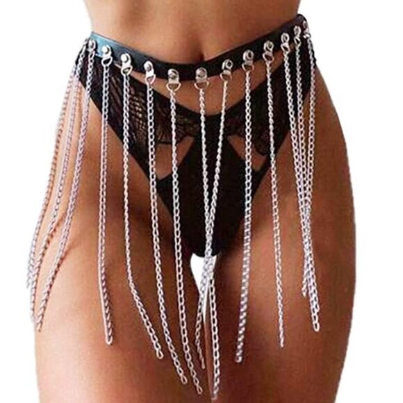 PUNK Body Chain Black Leather Waist Tassel Harness Belly Rave Party Cosplay BDSM - Picture 1 of 5